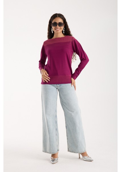 Kadın Mürdüm Viskon Kumaş Kayık Yaka Simli Triko Bluz