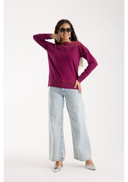 Kadın Mürdüm Viskon Kumaş Kayık Yaka Simli Triko Bluz