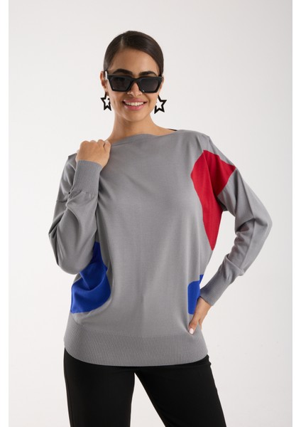 Kadın Gri Viskon Kumaş Renk Bloklu Kayık Yaka Triko Bluz