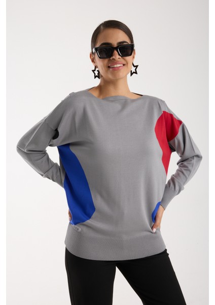 Kadın Gri Viskon Kumaş Renk Bloklu Kayık Yaka Triko Bluz fiyatları