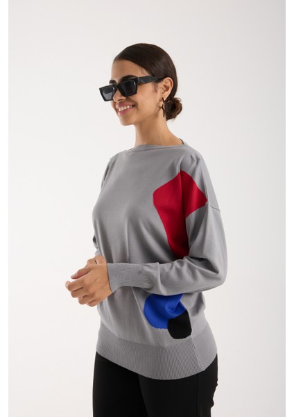 Kadın Gri Viskon Kumaş Renk Bloklu Kayık Yaka Triko Bluz modelleri