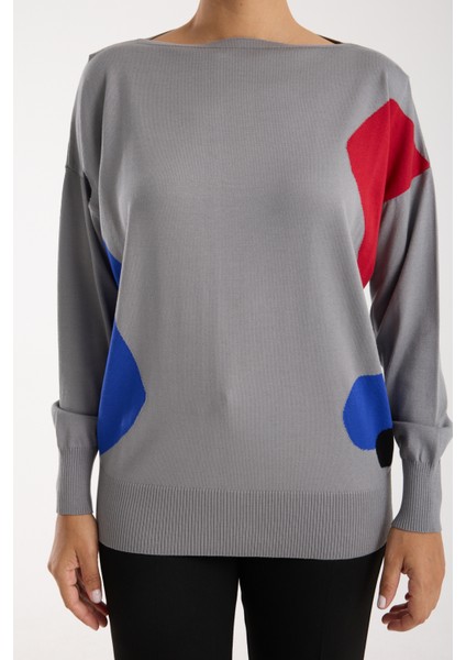 Kadın Gri Viskon Kumaş Renk Bloklu Kayık Yaka Triko Bluz fırsatları