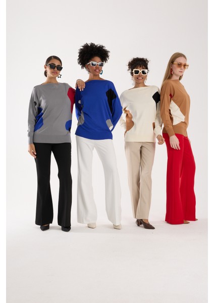 Kadın Gri Viskon Kumaş Renk Bloklu Kayık Yaka Triko Bluz