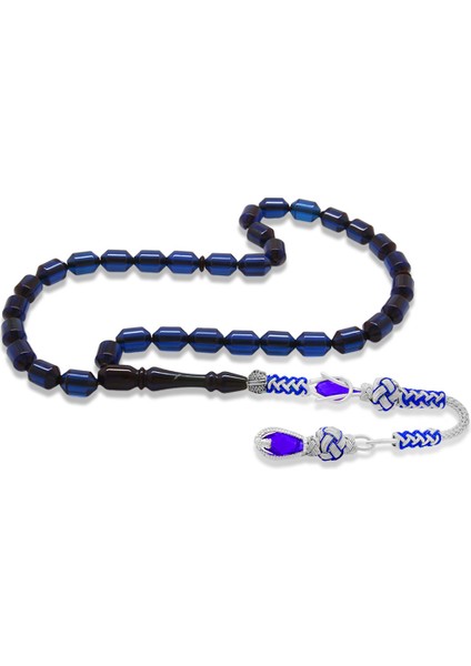 Bakır Kazaz Püsküllü Uçlu Kapsül Kesim Koyu Lacivert Sıkma Kehribar Tesbih