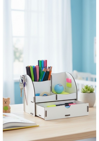 Curve 3 Gözlü, Çekmeceli Masaüstü Ahşap Organizer Kalemlik- Takı Makyaj Çok Amaçlı Organizer