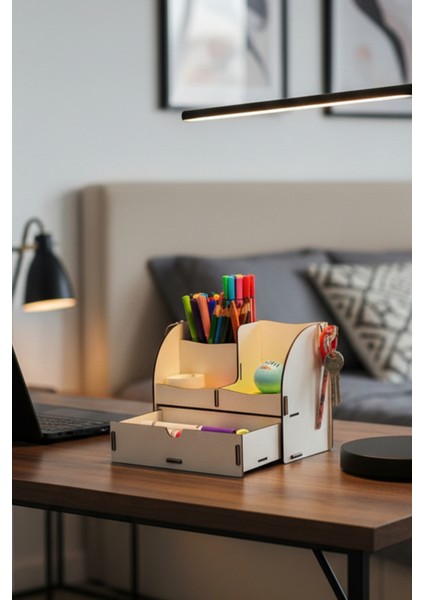 Curve 3 Gözlü, Çekmeceli Masaüstü Ahşap Organizer Kalemlik- Takı Makyaj Çok Amaçlı Organizer fırsatları