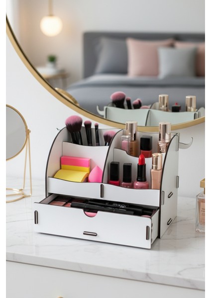 Curve 3 Gözlü, Çekmeceli Masaüstü Ahşap Organizer Kalemlik- Takı Makyaj Çok Amaçlı Organizer