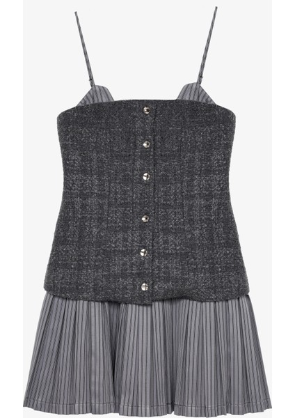 Tüvit Büstiyer Garnili Pileli Mini Elbise Antrasit