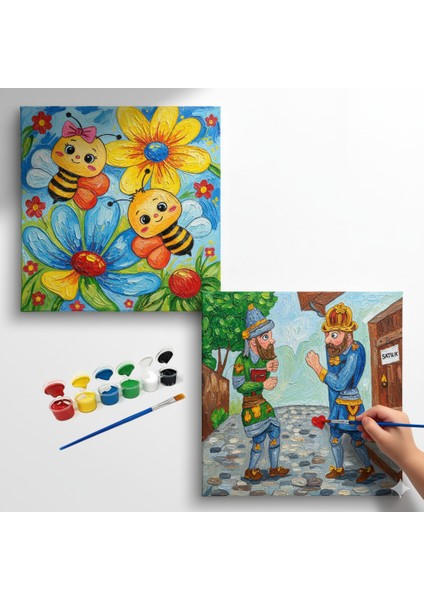 TATİL-KARNE HEDİYESİ 2'li Tuval Boyama Seti 20X20 cm Uv Baskı 6 Akrilik Boya 1 FIRÇA-MODEL-355