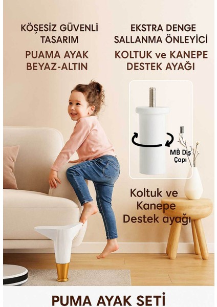 Puma 15 cm Beyaz-Altın 6'lı Set Mobilya Kanepe Tv Ünitesi Dolap Konsol ve Destek Ayağı fiyatları