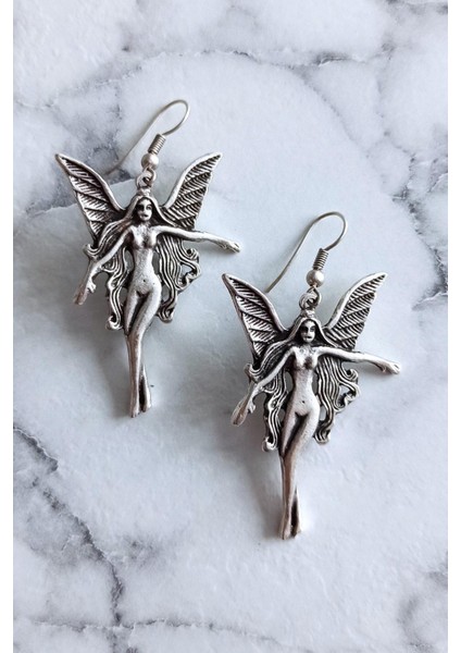 Antik Gümüş Kaplama Kanatlı Kadın Şekilli El Yapımı Çift Adet Kadın Küpe
