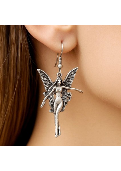 Antik Gümüş Kaplama Kanatlı Kadın Şekilli El Yapımı Çift Adet Kadın Küpe modelleri