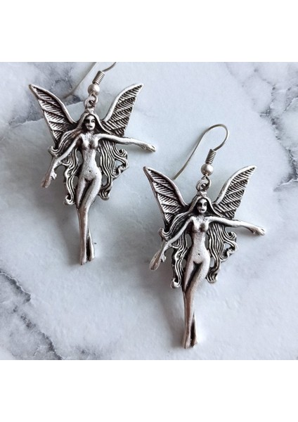 Antik Gümüş Kaplama Kanatlı Kadın Şekilli El Yapımı Çift Adet Kadın Küpe fırsatları