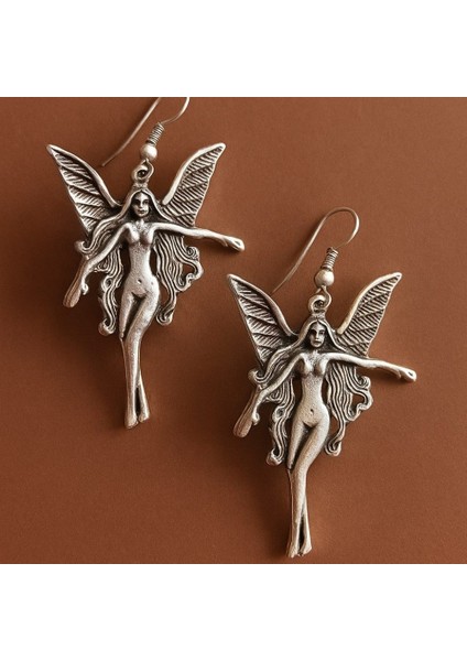 Antik Gümüş Kaplama Kanatlı Kadın Şekilli El Yapımı Çift Adet Kadın Küpe indirimleri