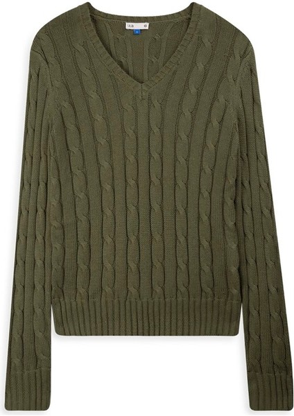 Uzun Kollu V Yaka Triko Yeşil Kazak