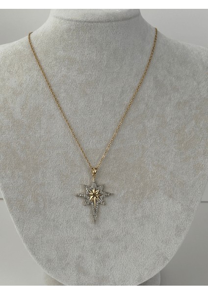 Gümüş Taşlarla Çevrili Altın Detaylı Gold Kutup Yıldızlı Kolye
