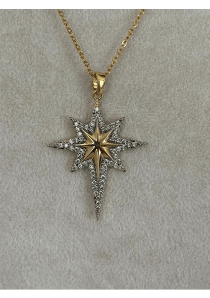 Gümüş Taşlarla Çevrili Altın Detaylı Gold Kutup Yıldızlı Kolye fiyatları
