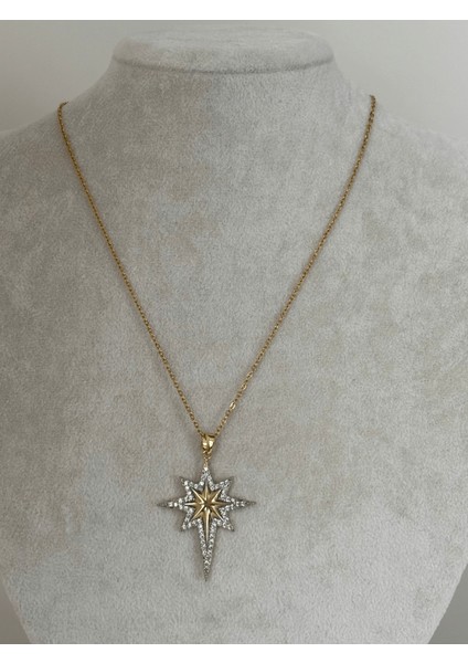 Gümüş Taşlarla Çevrili Altın Detaylı Gold Kutup Yıldızlı Kolye modelleri