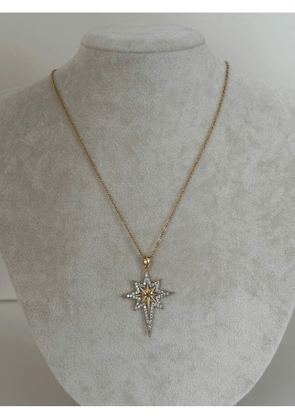 Gümüş Taşlarla Çevrili Altın Detaylı Gold Kutup Yıldızlı Kolye fırsatları