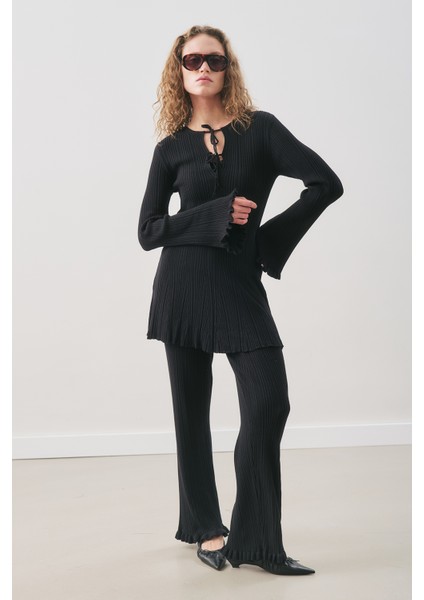 Volanlı Lastik Örgü Pantolon Siyah