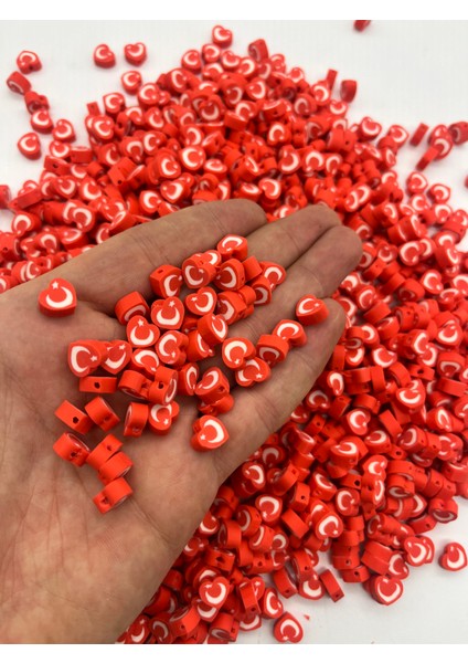 10MM Türk Bayrağı Kalp Figür Fimo Boncuk Takı Yapımı Bead (100 Adet)