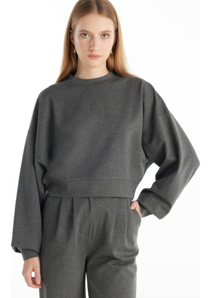 Bisiklet Yaka Düz Gri Melanj Kadın Sweatshırt TBWRTS1090