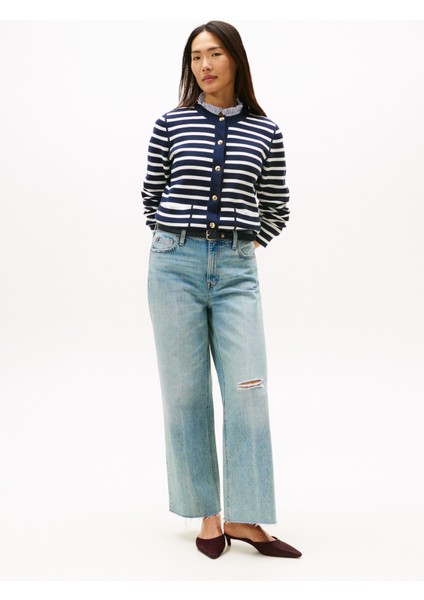 Yuvarlak Yaka Standart Çizgili Lacivert Kazak Kadın WW0WW408460X4