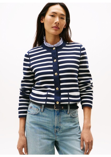 Yuvarlak Yaka Standart Çizgili Lacivert Kazak Kadın WW0WW408460X4 fiyatları