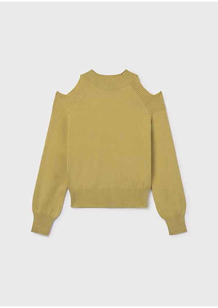 Yeşil Kız Çocuk Omuzları Açık Kazak 7312