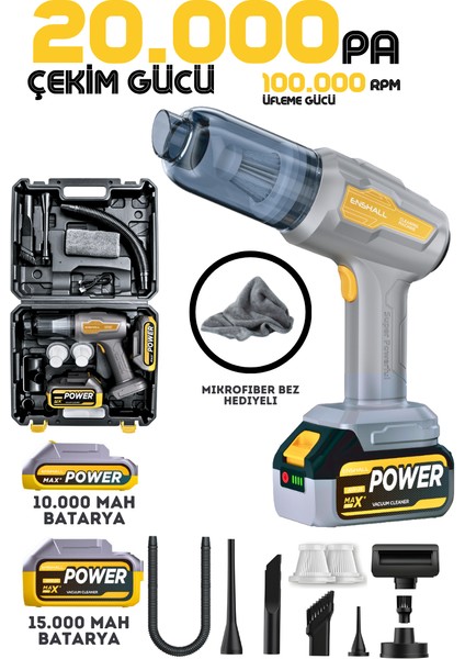25.000MAH Çift Bataryalı 20.000PA Ultra Çekim Güçlü Çantalı Araç Temizleme Süpürgesi