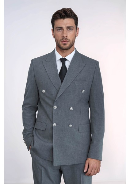 Gümüş Renk Metal Düğmeli Slim Fit Kruvaze Gri Erkek Takım Elbise – Wessi