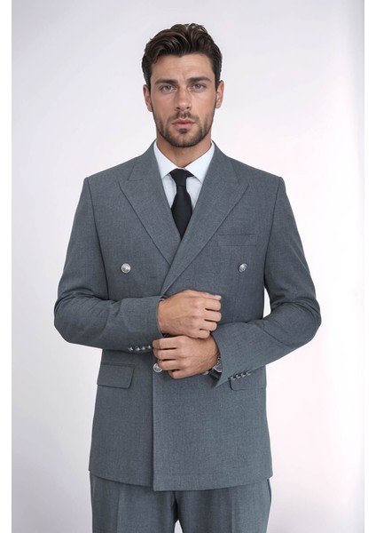 Gümüş Renk Metal Düğmeli Slim Fit Kruvaze Gri Erkek Takım Elbise – Wessi fiyatları