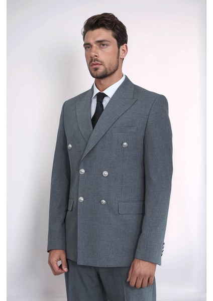 Gümüş Renk Metal Düğmeli Slim Fit Kruvaze Gri Erkek Takım Elbise – Wessi indirimleri