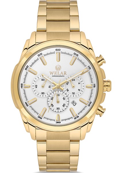 WEL2456-5 Erkek Kol Saati Kronometreli, Çelik Kasakordon, Su Geçirmez, Gold Renk, Beyaz Kadran