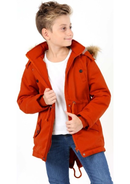 Erkek Çocuk Su Geçirmez Çıkarılabilir Kapüşonlu Pelüş Kürk Astarlı Uzun Mont Kaban