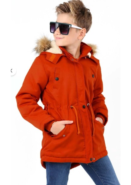 Erkek Çocuk Su Geçirmez Çıkarılabilir Kapüşonlu Pelüş Kürk Astarlı Uzun Mont Kaban fırsatları