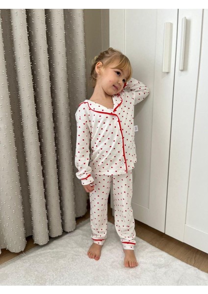 Kırmızı Kalp Desenli Fitilli Yumuşak Kumaş Düğmeli Beli Lastikli Kız Çocuk Pijama Alt Üst Takım fiyatları