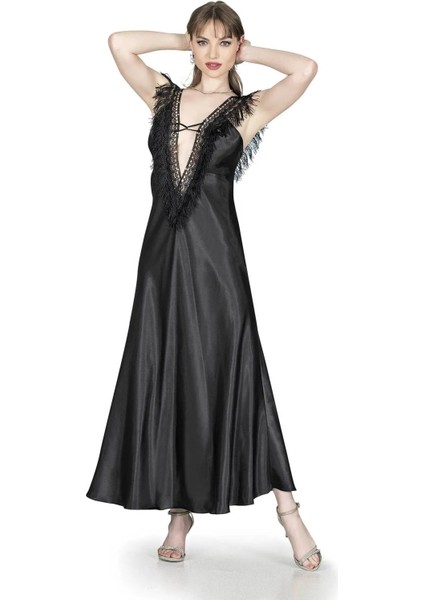 Özel Üretim Püsküllü Dantel Detaylı Uzun Şık Rahat Erotik Fantezi Saten Kadın Gecelik