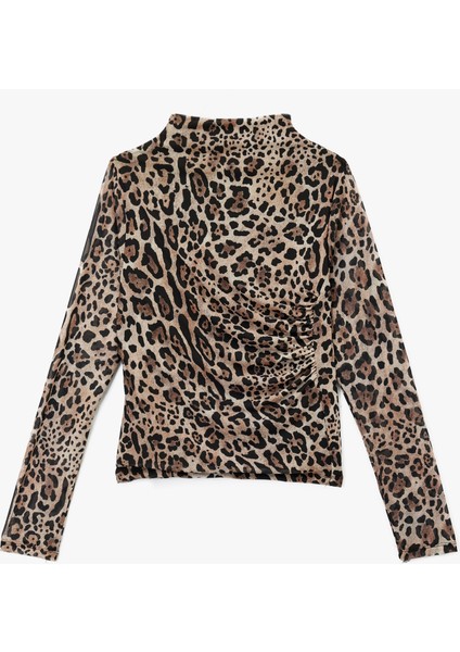 Uzun Kollu Yarı Transparan Drapeli Dik Yaka Leopar Desenli Tül Bluz modelleri