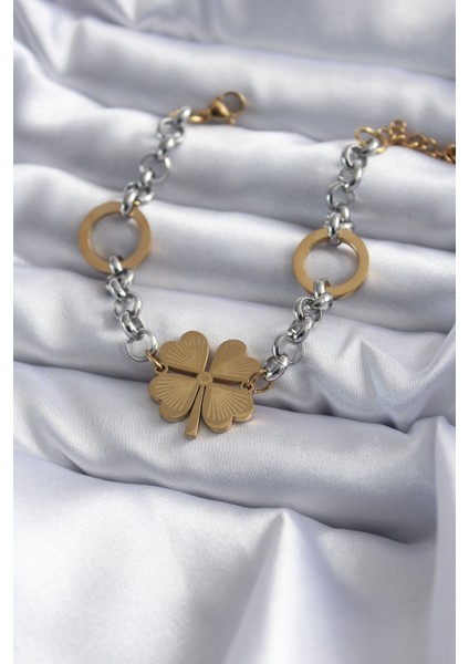 316L Çelik Mix Renk Zincir Model Yonca Figür Kadın Bileklik - Lisinya