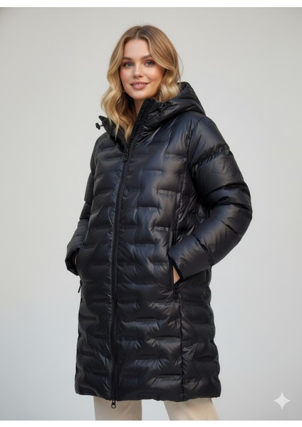 Kadın Kapüşonlu Uzun Şişme Siyah Mont | Fermuarlı Cep Detaylı – Elyaf Dolgulu– 85 cm fiyatları