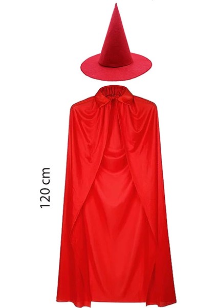 Yetişkin Boy 120 cm Kırmızı Yakalı Pelerin ve Kırmızı Cadı Şapkası - Lisinya