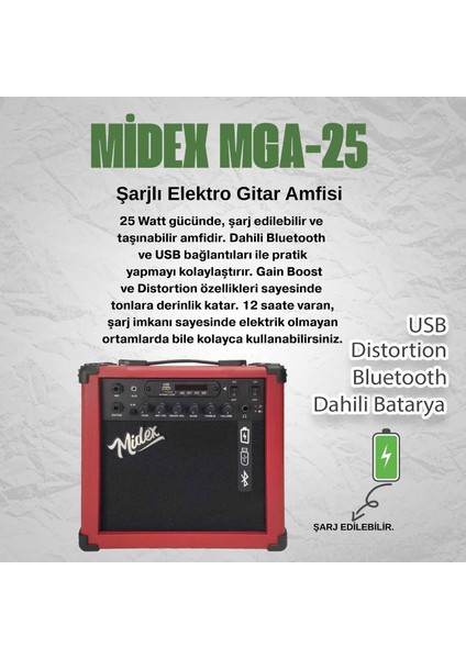 MGA-25RD-HD Elektro Gitar Amfisi 25 Watt USB Bluetooth ve Şarjlı (Amfi Kulaklık ve Jack Kablo) fiyatları