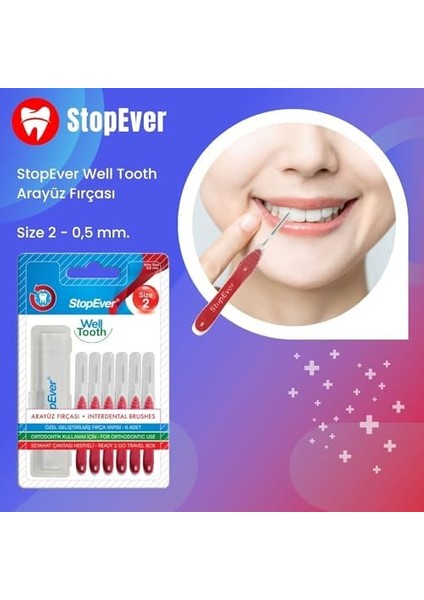 Stopever Well Tooth Arayüz Fırçası, Kırmızı - Size 2 | 0.5 mm Ince Telli Diş Arası Fırçası, Taşıma Kutusu Hediyeli | Ortodontik Kullanıma Uygun | 6 Adet