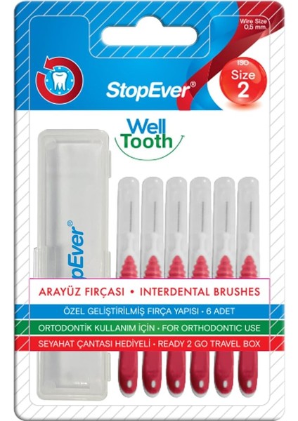 Stopever Well Tooth Arayüz Fırçası, Kırmızı - Size 2 | 0.5 mm Ince Telli Diş Arası Fırçası, Taşıma Kutusu Hediyeli | Ortodontik Kullanıma Uygun | 6 Adet modelleri
