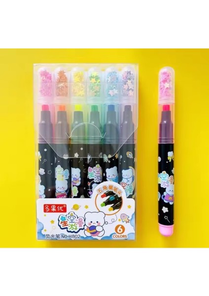 6 Renk Şekil Baskı Özellikli Fosforlu Kalem Seti