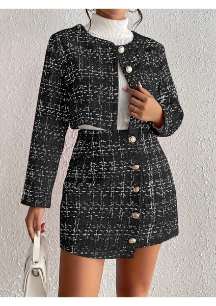 Kadın Uzun Kollu Önü Düğmeli Şanel Ceket ve Etek Takım