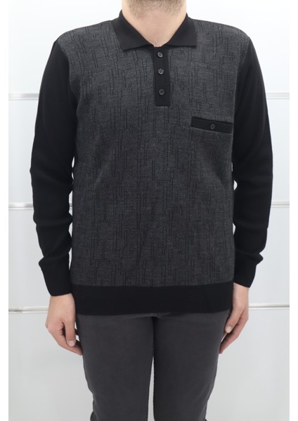 Fistan Store Erkek Desenli Klasik Kesim Rahat Kalıp Polo Yaka Tek Cepli Kışlık Yünlü Kazak