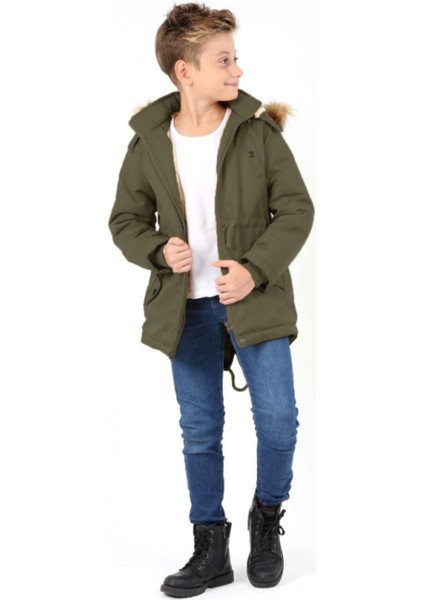 Erkek Çocuk Su Geçirmez Çıkarılabilir Kapüşonlu Pelüş Kürk Astarlı Uzun Mont Kaban