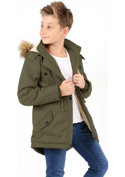 Erkek Çocuk Su Geçirmez Çıkarılabilir Kapüşonlu Pelüş Kürk Astarlı Uzun Mont Kaban fiyatları